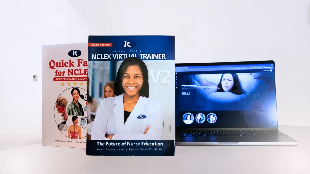 Quick Facts for NCLEX book with the NCLEX Master Coach Virtual Trainer on a laptop