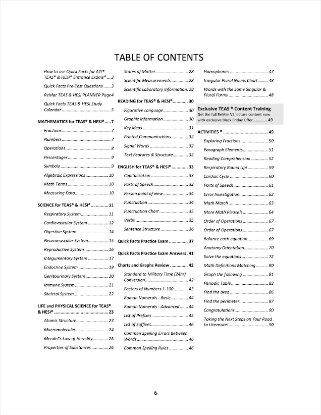 Quick Facts for TEAS sample study page