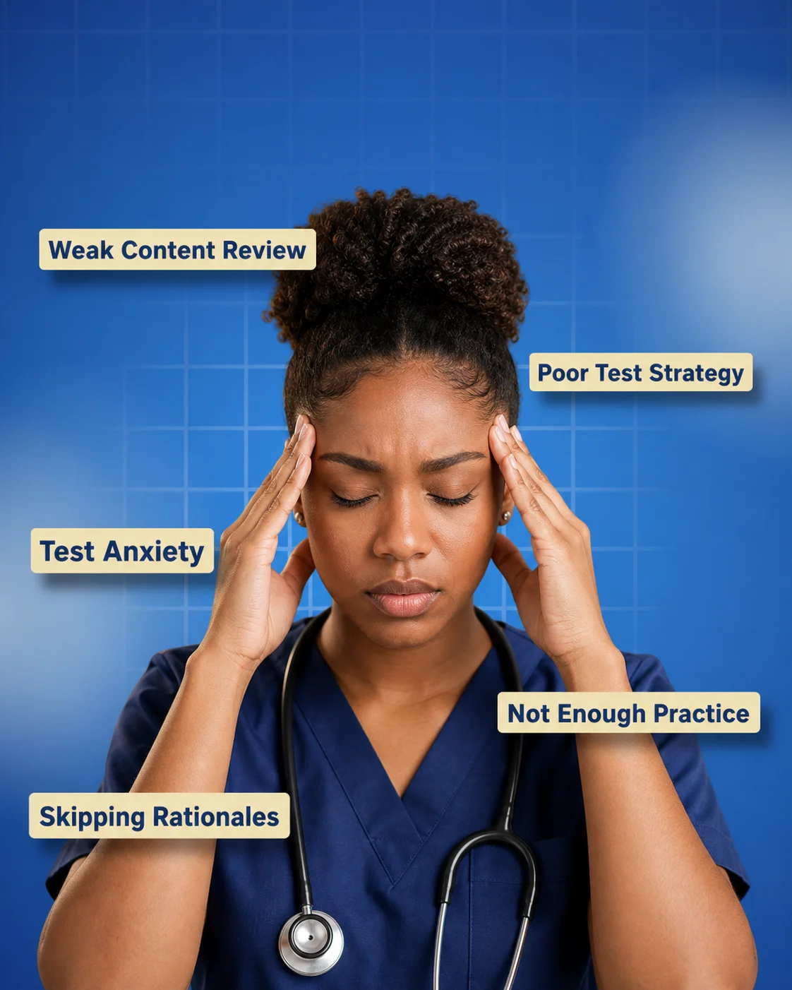 Stressed nursing graduate overwhelmed while studying for the NCLEX exam
