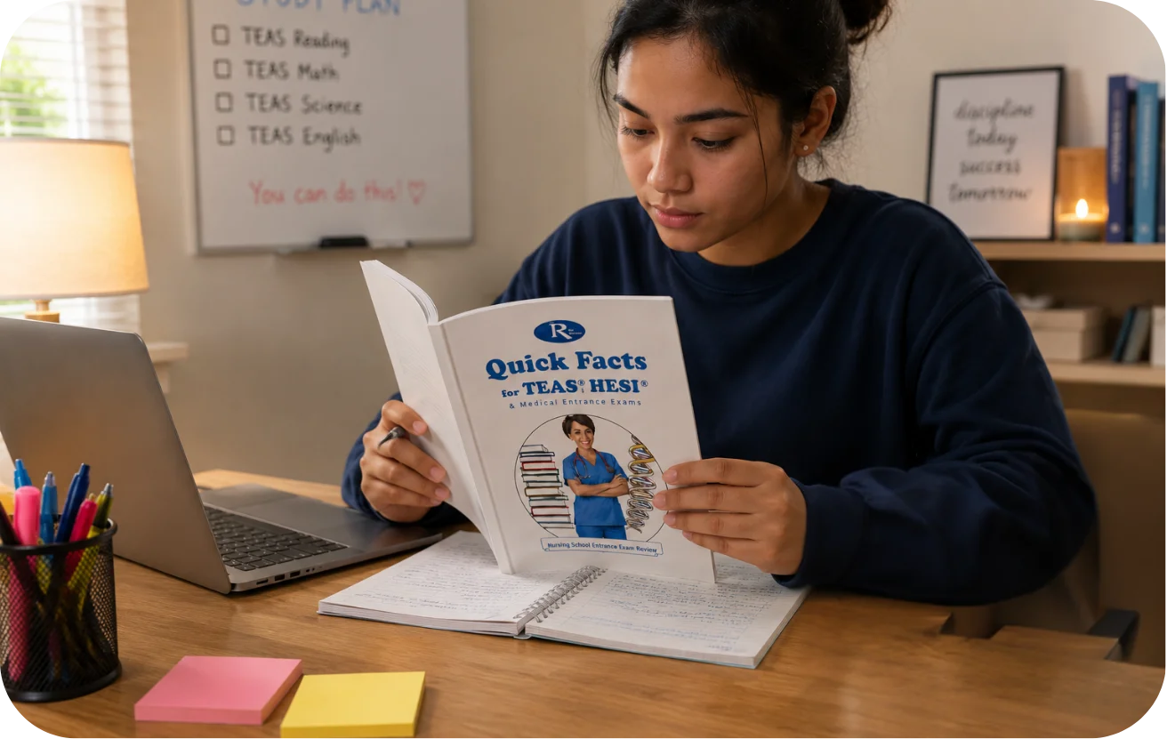 NCLEX Master Coach TEAS Review instructor with the Quick Facts for TEAS and HESI book, video lectures, and mobile learning app