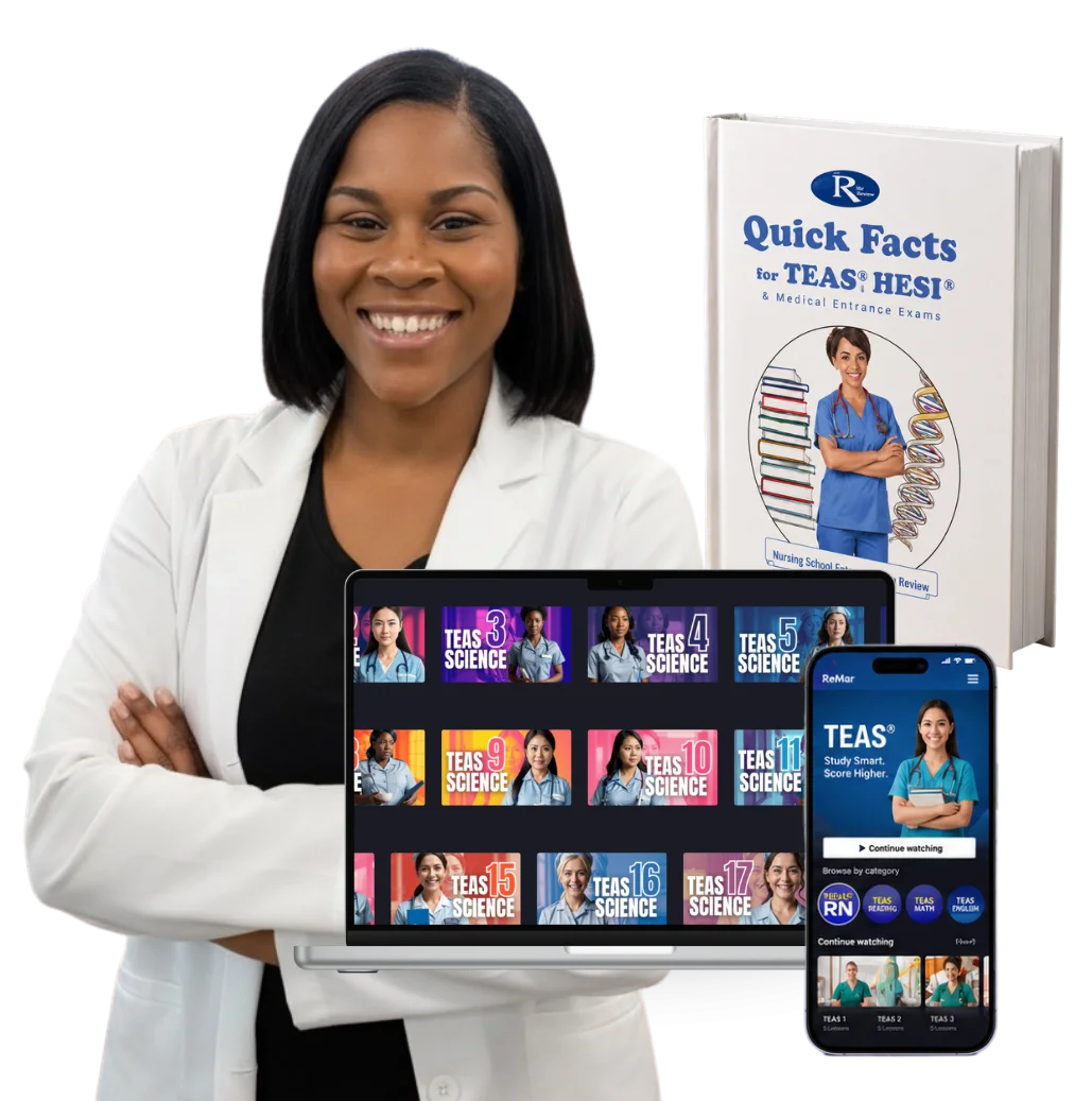 NCLEX Master Coach ATI TEAS review instructor with Quick Facts book, video lessons, and mobile app