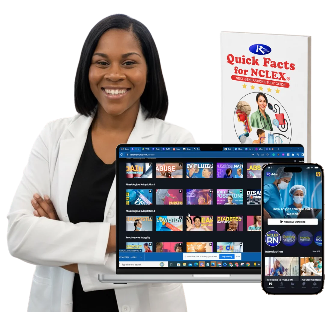 NCLEX review instructor with NCLEX Master Coach Virtual Trainer app, laptop and Quick Facts for NCLEX book